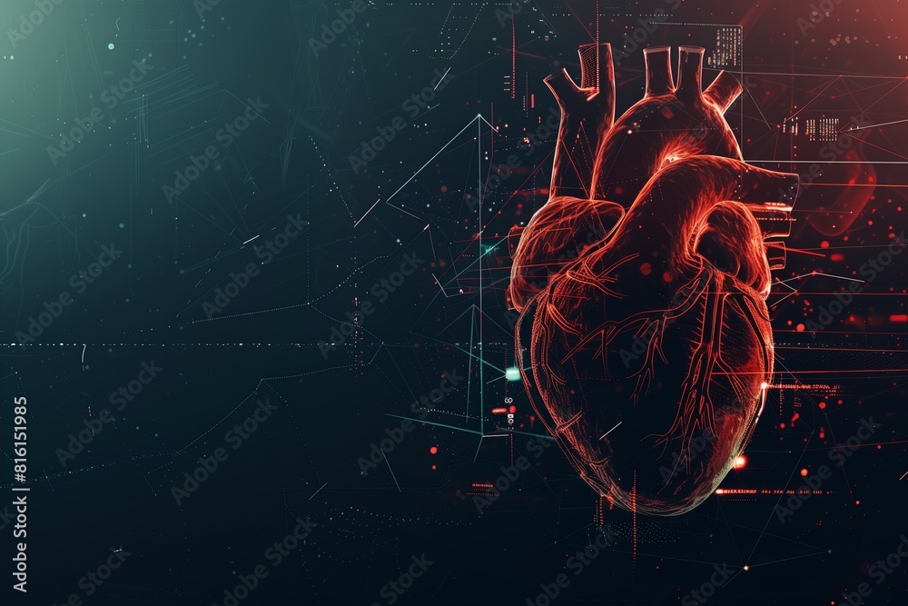 Diagram of the four-chambered human heart on a dark background. Еmpty ...