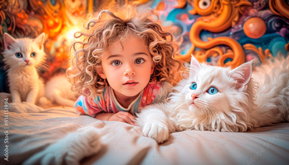 Portrait of a cute touching baby girl with cats on the bed. Beautiful girl with pets Portrait of a cute touching baby girl with cats on the bed. Beautiful girl with pets