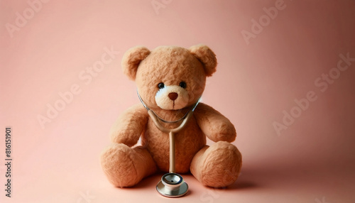 plush teddy bear in a light brown color, sitting against a soft pink background, adorned with a stethoscope, giving it a whimsical, caregiver-like appearance