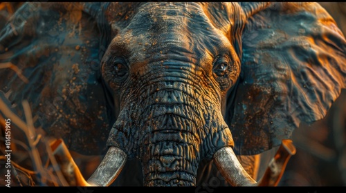 An emotive close-up of an elephant's face bathed in warm, orange tones highlighting its expressive eyes