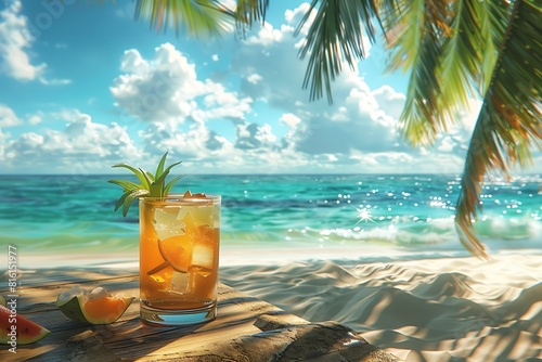 A refreshing cocktail with a vibrant garnish sits on a beach chair beneath a towering palm tree. The turquoise water beckons in the distance.