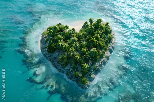 A breathtaking aerial view of a heart-shaped island paradise. Lush palm trees fringe the white sand beach  and crystal-clear water surrounds it.