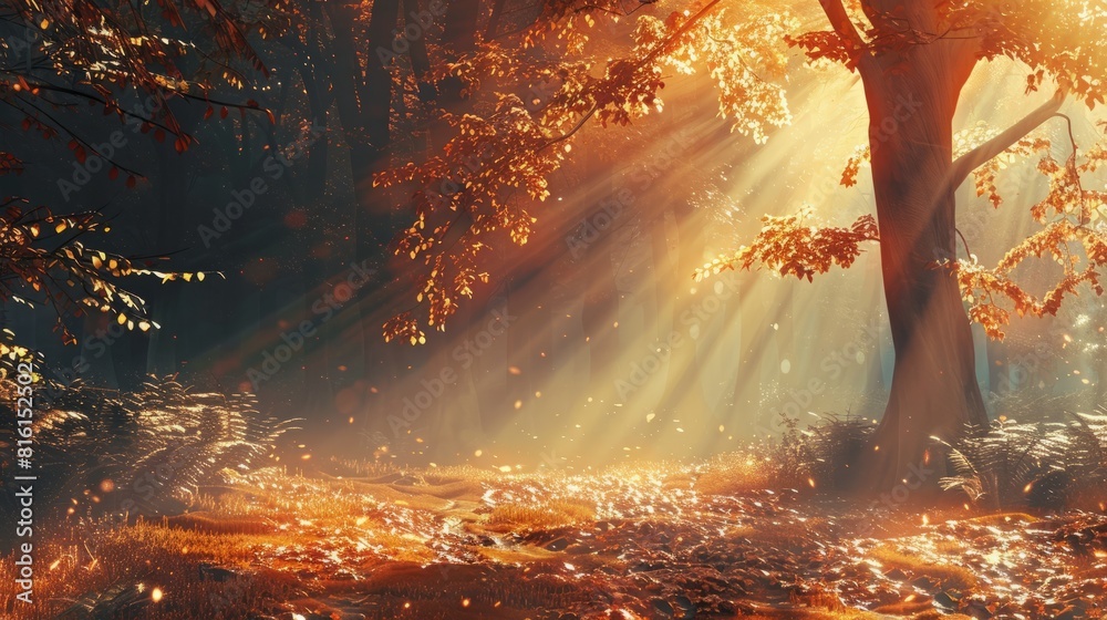 Bright Sun In Autumn Forest ,light rays fall landscape tree,Fantasy Background Magic Forestbeautiful Autumn Landscape hyper realistic 