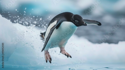 A majestic shot of an Adelie Penguin about to dive into the icy Antarctic waters