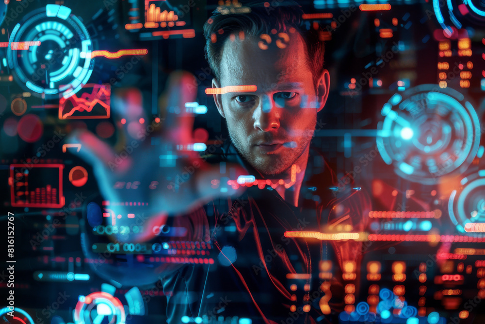 A man 's hand is reaching out towards a screen with numbers and circles on it A man 's hand is reaching out towards a screen with numbers and circles on it