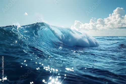 A surfer slicing through crystal-clear waves, leaving a trail of spray against the backdrop of a cloudless sky.