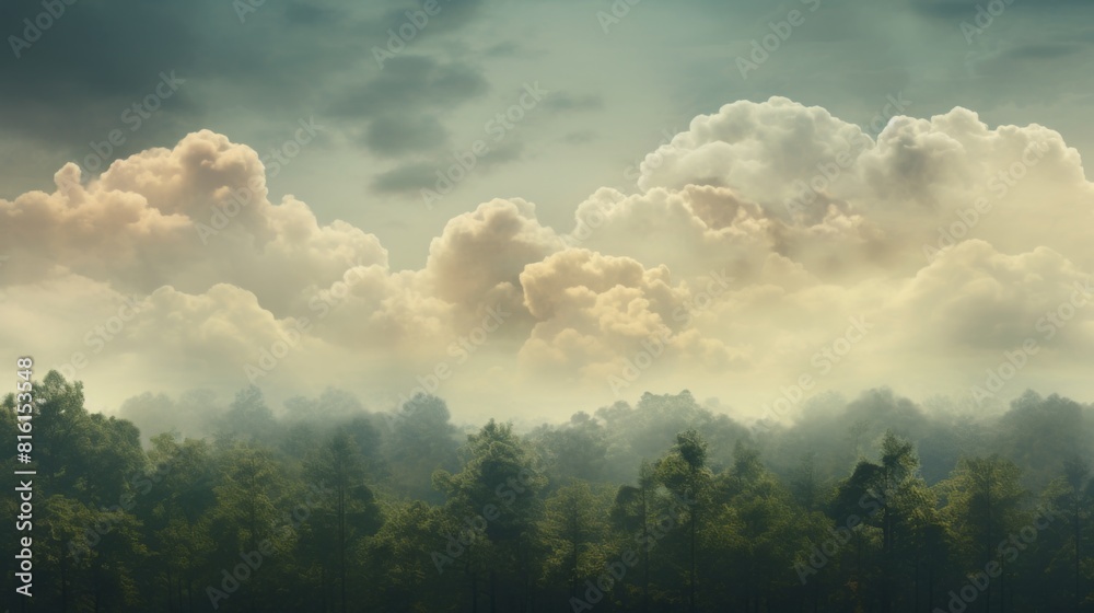 Obraz premium Ethereal landscape of forested hills enveloped by a thick mysterious fog and dramatic cloud formations