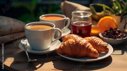 A delightful breakfast arrangement on a wooden table with croissants  coffee  and fresh juice in natural daylight