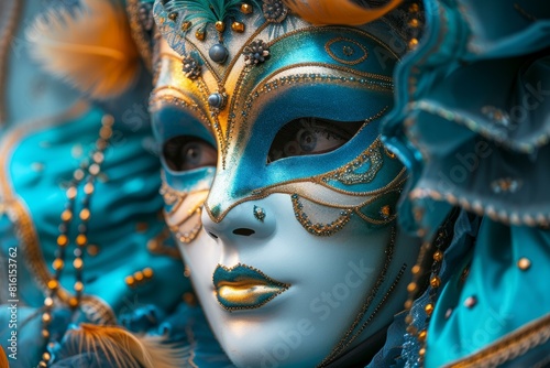 Closeup of an ornate turquoise and gold venetian mask with feathers and beads  expressing mystery and tradition