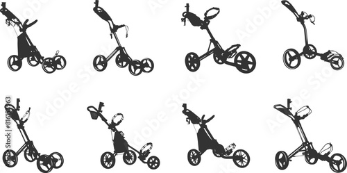 Golf push cart silhouette, Golf pull cart silhouette, Golf push cart svg, Golf pull cart svg, Golf bag trolley silhouette, Bag trolley svg, Golf pushcart vector.