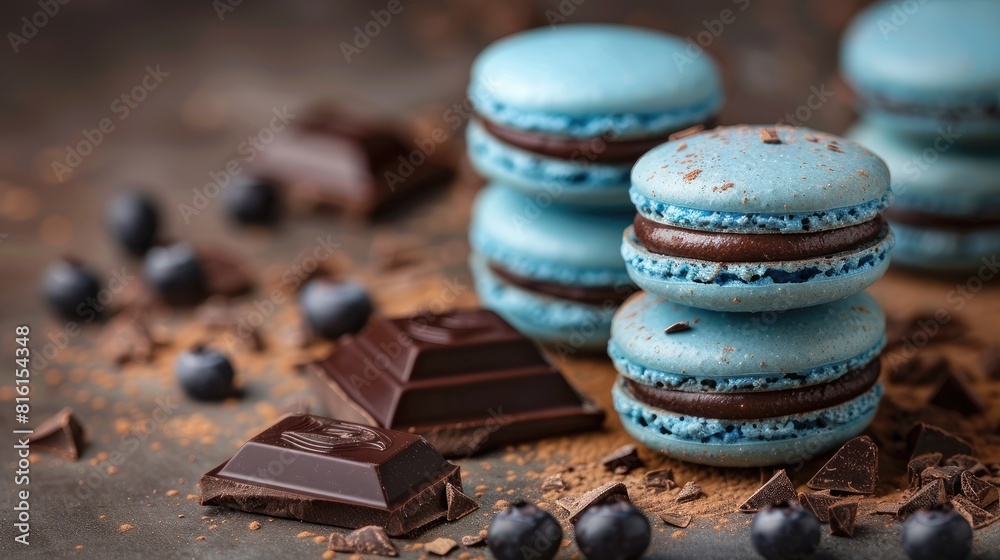 Blue macaron with chocolate placed on a table
