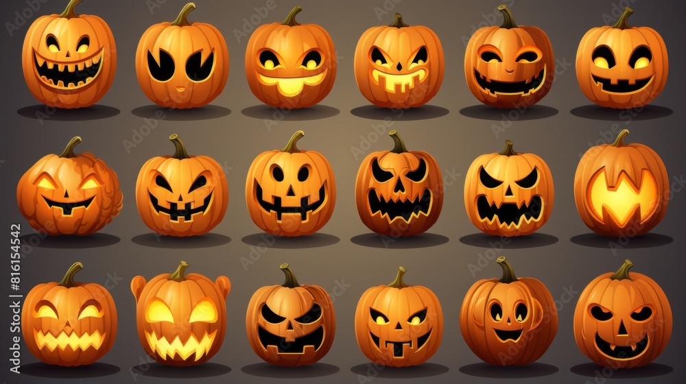The array shows Halloween pumpkins with various expressions, from grins to grimaces, in vibrant colors The array shows Halloween pumpkins with various expressions, from grins to grimaces, in vibrant colors