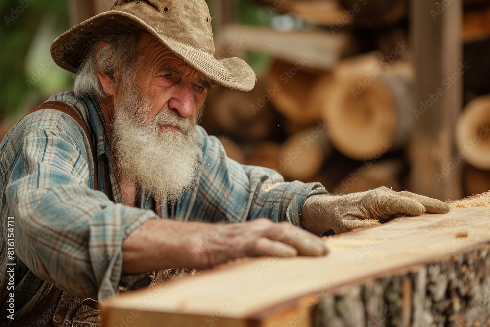 Pensive senior woodworker with a beard examining timber in his rustic workshop Pensive senior woodworker with a beard examining timber in his rustic workshop