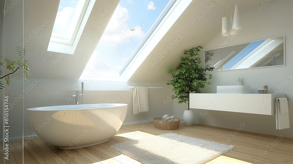 3D Illustrate of Modern bathroom with a skylight allowing sunlight to flood the space on a hot day,delicate and shiny 3D Illustrate of Modern bathroom with a skylight allowing sunlight to flood the space on a hot day,delicate and shiny