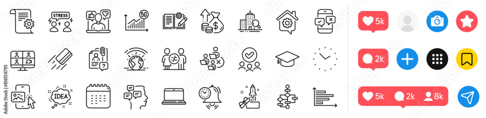 Calendar, Difficult stress and Social media line icons pack. Social media icons. Greenhouse, Technical documentation, Graduation cap web icon. Vector Calendar, Difficult stress and Social media line icons pack. Social media icons. Greenhouse, Technical documentation, Graduation cap web icon. Vector