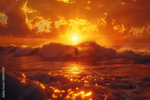 a golden sunset over a private beach with surfers riding crystal waves