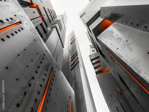 Modern architecture design of towering structures with metallic surfaces and orange accents viewed from below