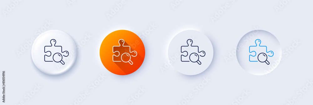 Search puzzle line icon. Neumorphic, Orange gradient, 3d pin buttons. Jigsaw piece sign. Find solution symbol. Line icons. Neumorphic buttons with outline signs. Vector Search puzzle line icon. Neumorphic, Orange gradient, 3d pin buttons. Jigsaw piece sign. Find solution symbol. Line icons. Neumorphic buttons with outline signs. Vector