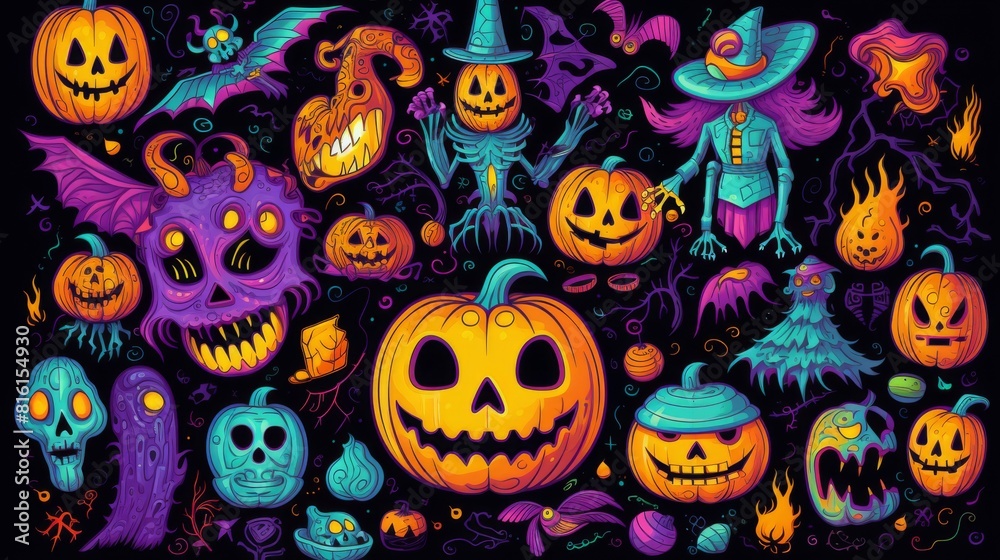 This image is rich with Halloween symbols like pumpkins, ghosts, candy, and skeletons in a cartoonish style suitable for fun themed content This image is rich with Halloween symbols like pumpkins, ghosts, candy, and skeletons in a cartoonish style suitable for fun themed content