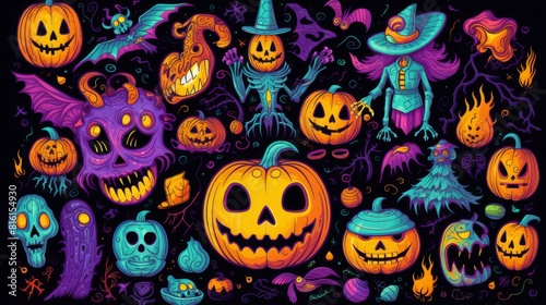 This image is rich with Halloween symbols like pumpkins, ghosts, candy, and skeletons in a cartoonish style suitable for fun themed content