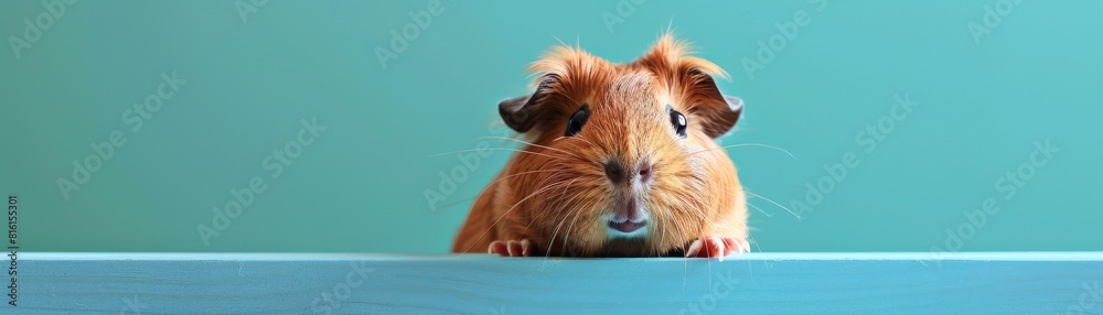Amused guinea pig peeking from behind a violet banner, set against a pastel aqua backdrop Amused guinea pig peeking from behind a violet banner, set against a pastel aqua backdrop
