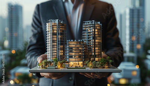 Elegant businessman holding a detailed architectural model of a condo, modern cityscape at twilight in the background, in 3D render