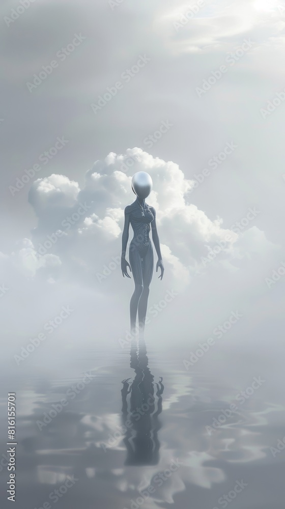 Surreal figure in misty waterscape Surreal figure in misty waterscape