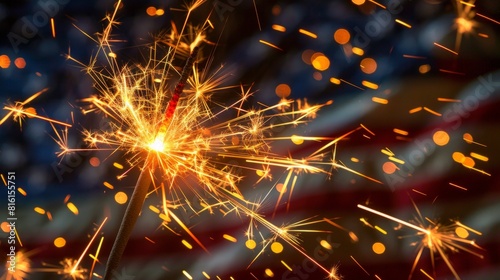 A sparkler burning brightly in front of an American flag  symbolizing celebration and patriotism on Independence Day