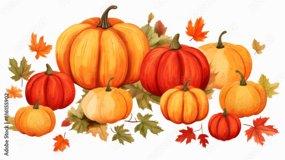 Vibrant orange pumpkins ranging in size paired with autumnal leaves, reflecting the essence of the fall harvest and festivities