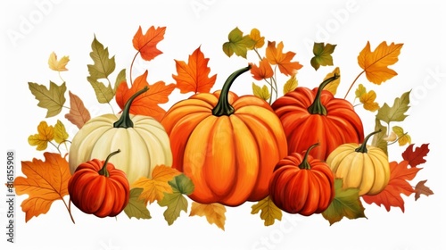 A festive depiction of pumpkins in various sizes amidst a collection of colorful autumn leaves, evoking the harvest season