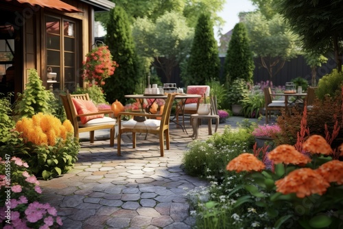 Cozy backyard garden with dining area, lush flowers, and greenery in summer. © Maksim