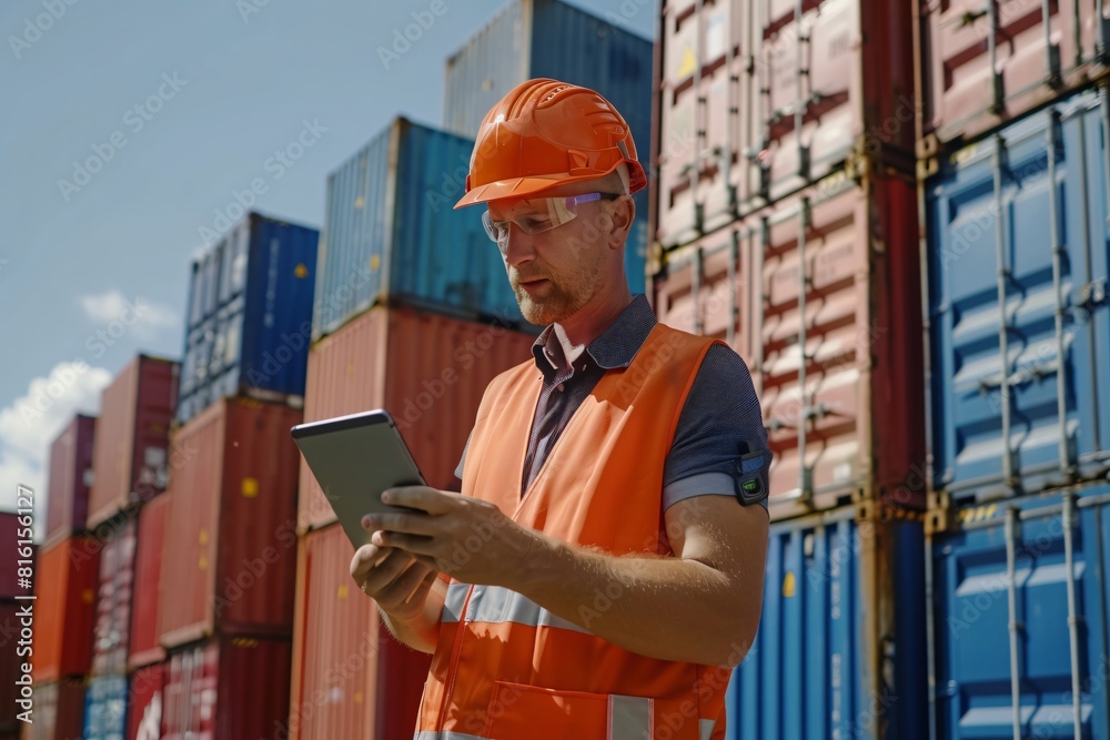 A commercial engineer is holding a tablet at the dock A commercial engineer is holding a tablet at the dock