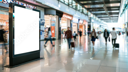 Photo of a blank billboard at an airport, in the style of a mockup, with a blurry background showing people walking around and inside a shopping mall interior