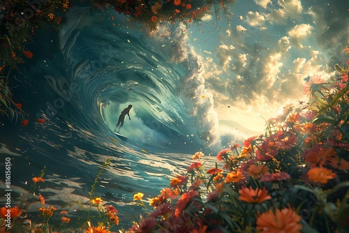 a surfer emerging from a wave tunnel, the beach lined with exotic flowers