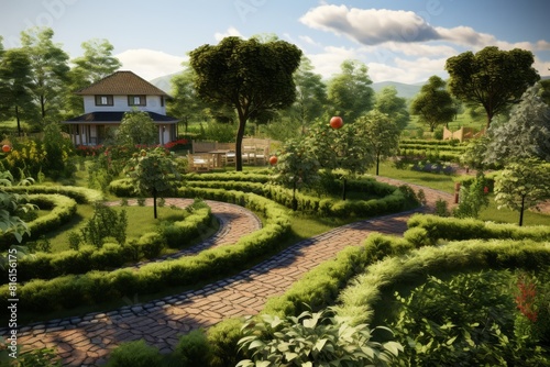Idyllic suburban garden with a cobblestone path leading to a cozy house