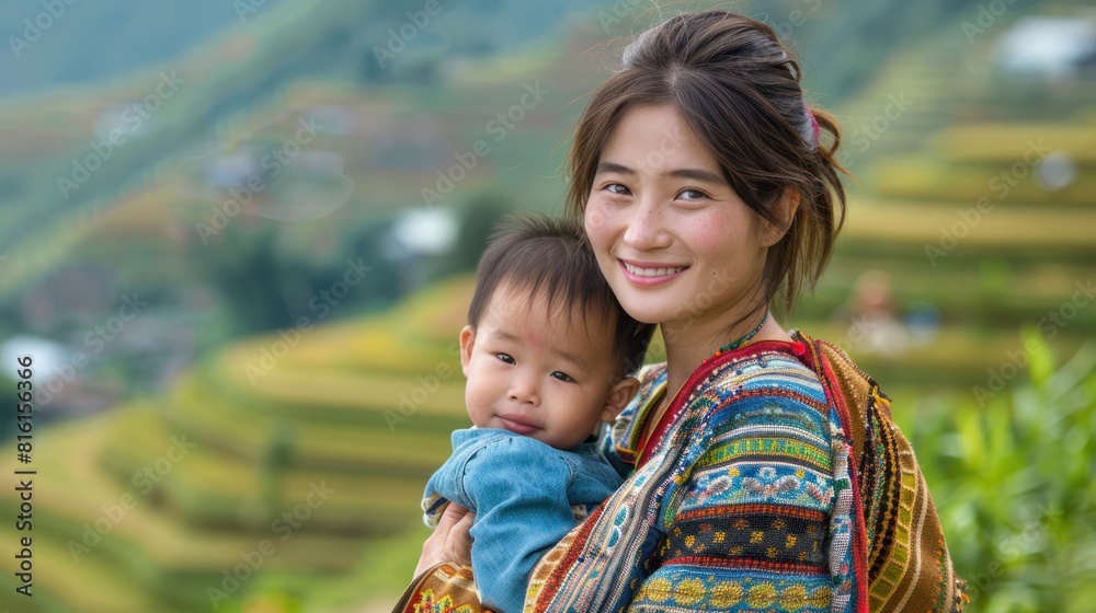 Vietnamese mother and child Terraced rice spa There are children in the background. Vietnamese mother and child Terraced rice spa There are children in the background.