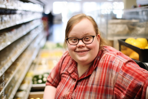 Young woman with Down syndrome working in small grocery store, looking joyful and smiling. Happy woman with intellectual disability working as warehouse worker, saleswoman, sales assistant © vejaa
