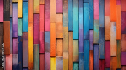 An image with an assorted collection of painted wooden blocks creating a colorful abstract pattern