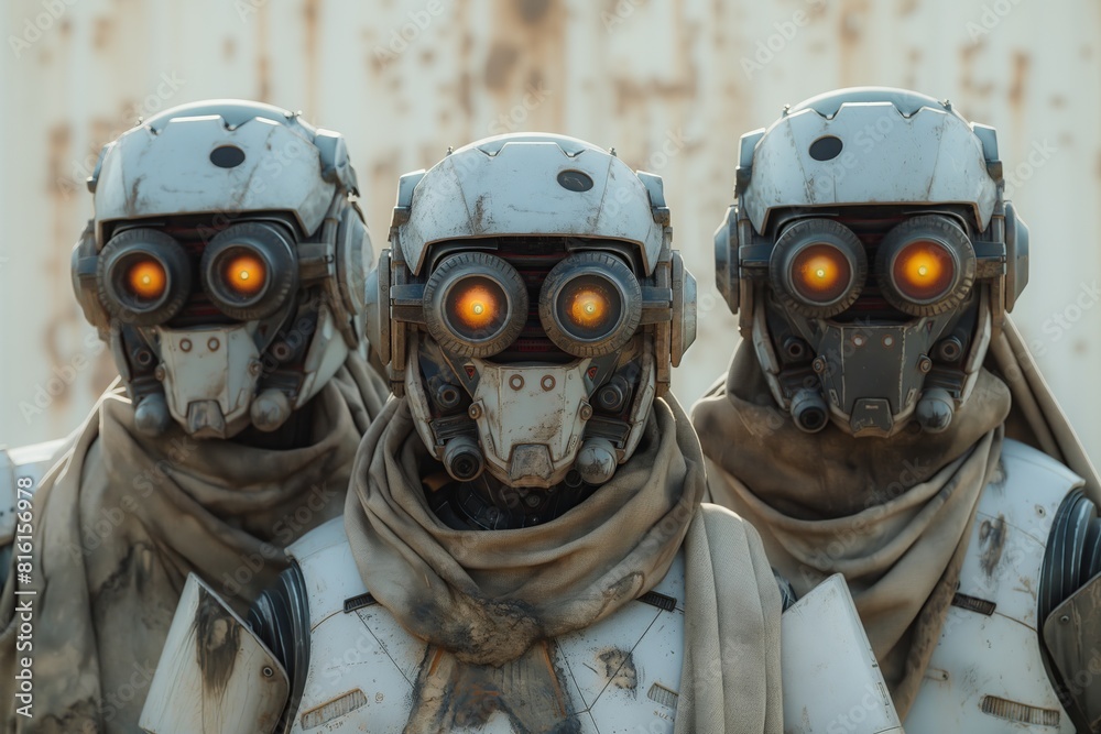 Trio of robots with dystopian backdrop Trio of robots with dystopian backdrop