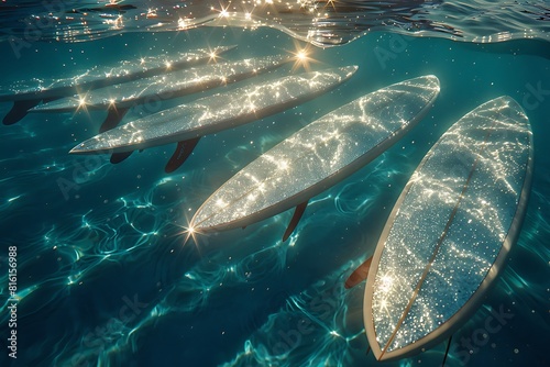 surfboards inlaid with mother-of-pearl on the shimmering ocean surface photo