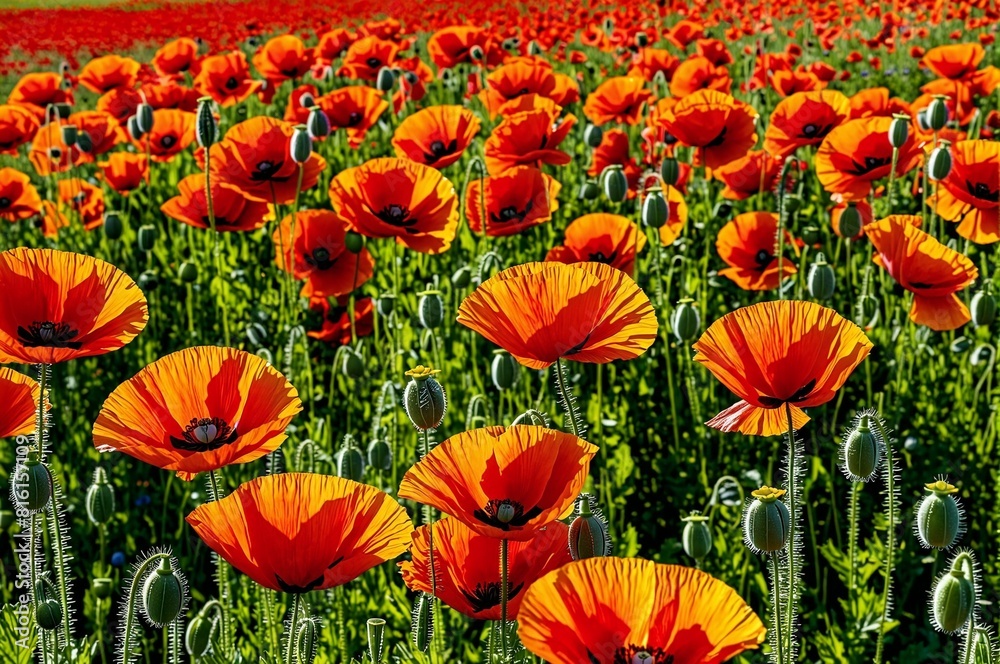 Fototapeta premium A field of red poppies with green grass
