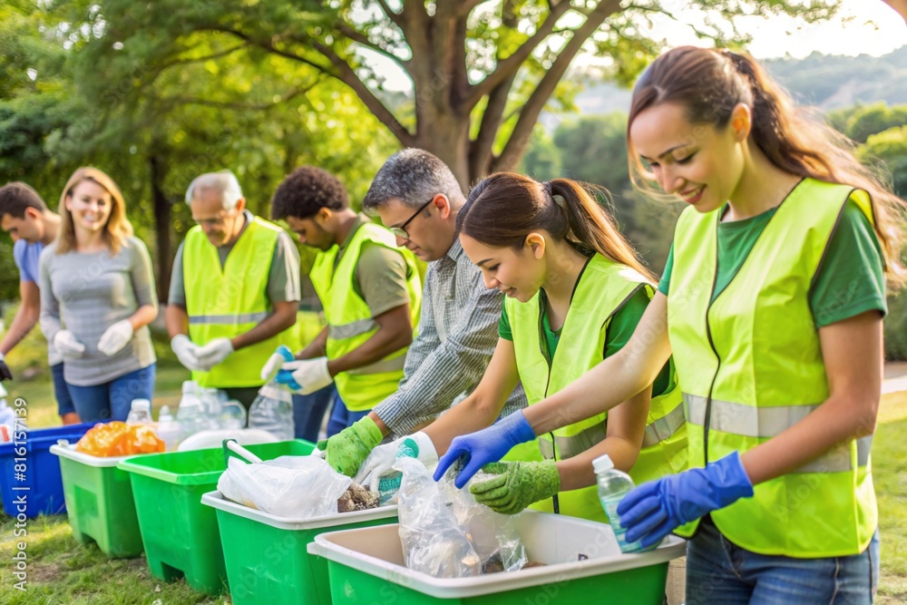 Fototapeta premium A group of people are sorting through trash in a park