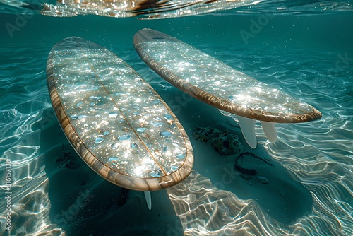 surfboards inlaid with mother-of-pearl on the shimmering ocean surface photo