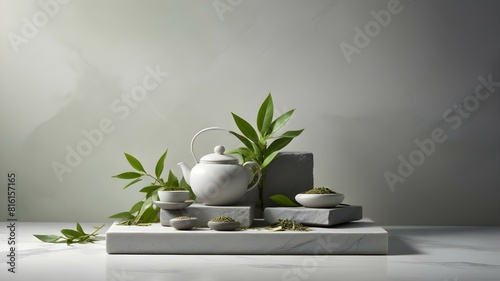 Abstract background with minimalist style for product brand presentation. Gray blocks of stone with green tea leaves displayed on white background. Space for design  place your product