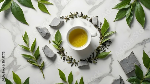 Abstract background with minimalist style for product brand presentation. Gray blocks of stone with green tea leaves displayed on white background. Space for design, place your product