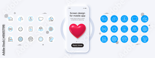 Phone mockup with 3d heart icon. Electricity factory, Feather signature and New mail line icons. Pack of Time management, Fake news, View document icon. Vector