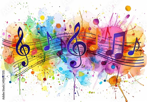 Artistic representation of music notes and clefs with a vibrant splash of colorful paint photo