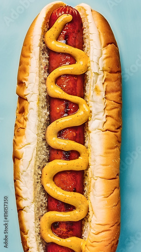 Delicious hot dog with grilled beef sausage mustard and ketchup in a bun. Blue background. Traditional American fast food photo