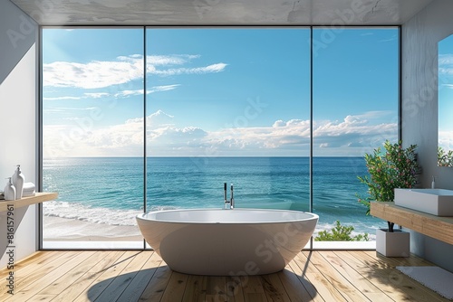 Bathroom with a view of the ocean horizon under a blazing hot sunphoto realistic, natural lighting, high resolution photography photo