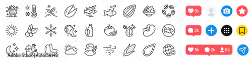 World weather, Sleep and Pillow line icons pack. Social media icons. Vegetables cart, Sunny weather, Organic tested web icon. Water bottle, Juice, Pumpkin seed pictogram. Fish, Snowflake, Moon. Vector